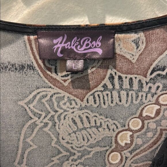 Hale Bob Brown Faux Wrap silk Dress with Bishop Sleeves size Large - Picture 2 of 14